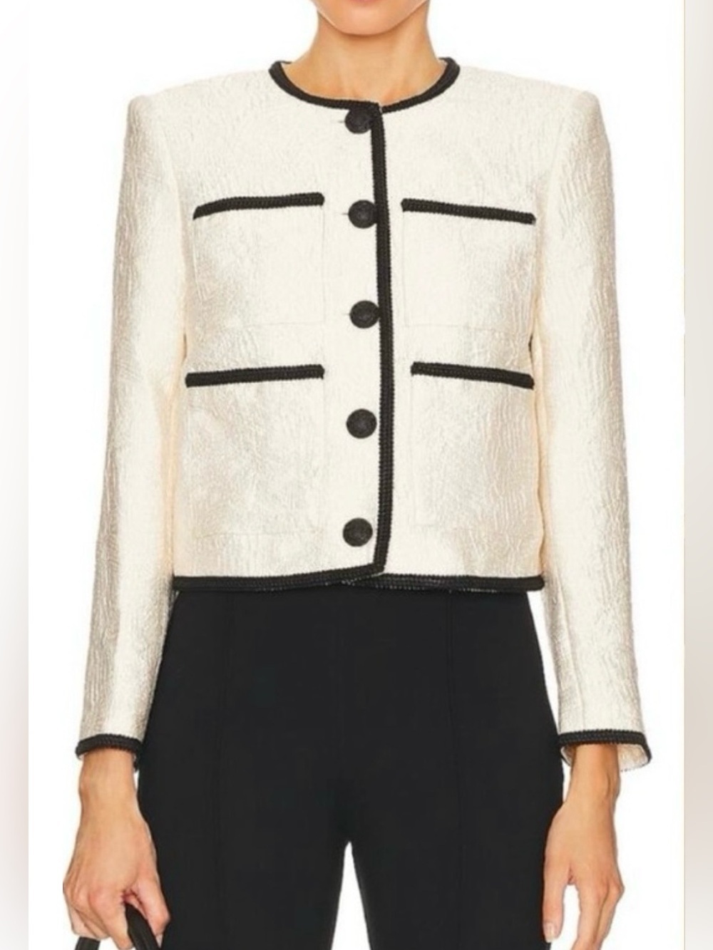 Veronica Beard Darla Blazer Cream Textured Jacket with Black Trim Size 2